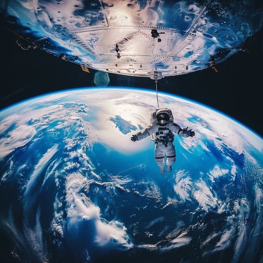 Astronauta en caminata espacial, sujeto por un cable a su nave, con la Tierra de fondo